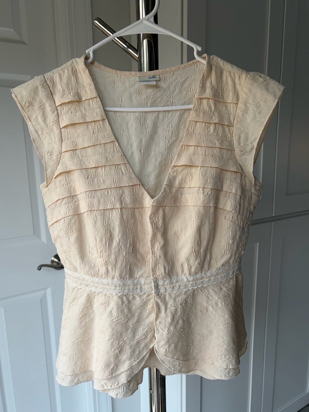 Odille Cream Textured Lace-Trim V-Neck Blouse, Size 12